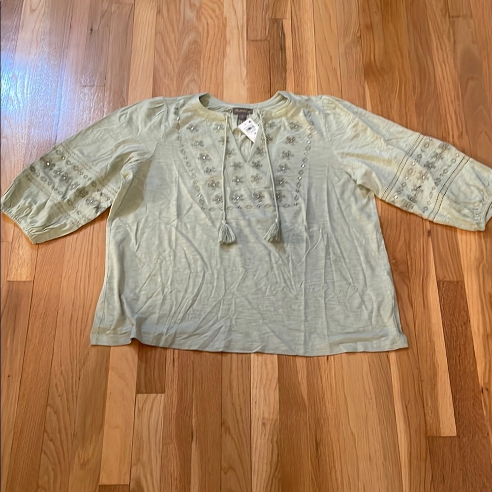 Style & Co 1X Green 3/4 Sleeve Embellished V-Neck Blouse